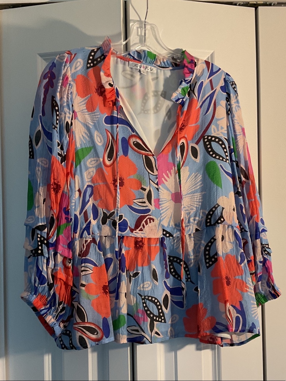 Joy Joy Blue Floral Tie-Front Peplum Blouse with Coral Accents